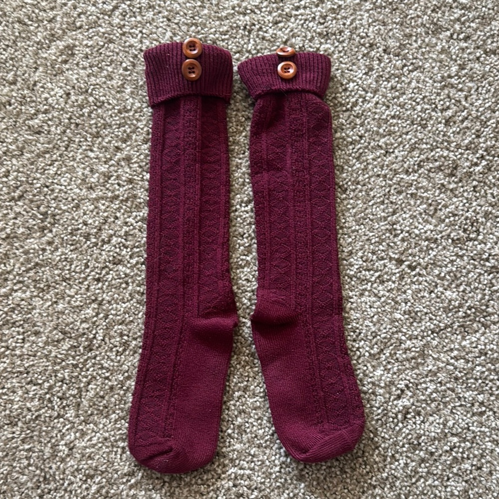 Burgundy Knee-High Socks with Button Detail